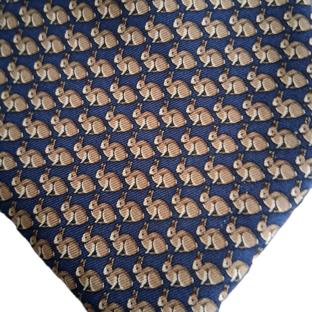Brooks Brothers Basics Men's Silk Necktie Made in USA Blue Gold Rabbits Bunnies - Picture 2 of 8